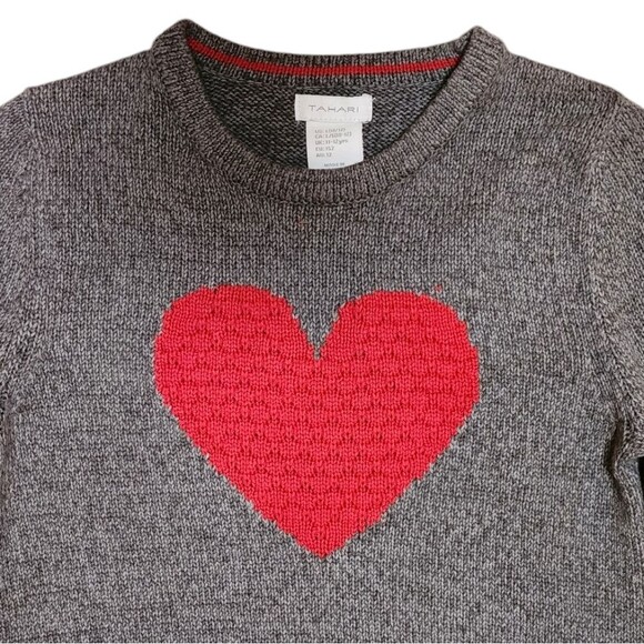 Tahari Sweater Hat Set Girls L Gray Cotton Blend Knit Red Heart Faux Fur Pom - Picture 3 of 8